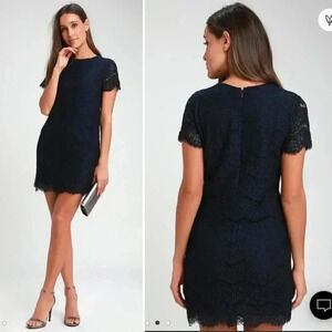 NWT! Lulus Take Me to Brunch Navy Blue Lace Overlay Shift Dress Size L